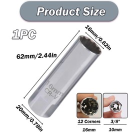 16mm Spark Plug Socket 3/8 Inch Thin Wall Removal Tool, Automobile Sparking Plug Socket wiht Internal Spring Clips, 12 Point Spark Plug Removal Tool for Most Cars and Motorcycles