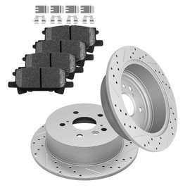 Fraxle Rear Drilled & Slotted Disc Brake Rotors and Ceramic Brake Pads kit for 2004-2007 Toyota Highlander, 2004-2006 Lexus RX330, RX350, RX400h