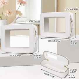 LOFOWN Travel Makeup Set Waterproof Transparent Cosmetic Bag and Toiletry Bag Makeup Brush case with Zipper Car Essentials for Women (White, L+M+SLIM)
