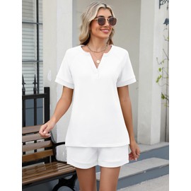 LOMON Women's 2 Piece Lounge Sets Two Piece Travel Outfits Summer Sweat Shorts Set Loungewear Sweatsuits White M