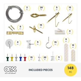 OOK Picture Hangers, Traditional Picture Hanger Kit, Brass Picture Hooks (.5-20lb), 148 Pieces, 9977132