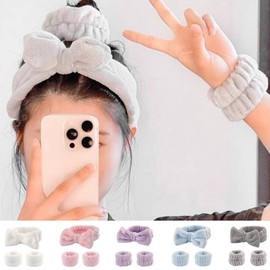 Cute Ribbon Knot Women's Wristband for Face Wash & Shower Purple Set 3ea