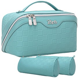 BOYATU Travel Makeup Bag Organizer Cosmetic Bag: 3 Pcs Set Make up Bags for Women with Handle - Waterproof Vegan Leather Toiletry Bags with Comparments (C-03-Blue)