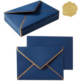 Topeen 50 Pieces A7 Envelopes with Gold Border, 5.24 x 7.21 Inches Envelopes with Gold Stickers for Greeting Cards and Invitation (Navy Blue, A7-5x7)
