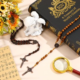 Sinmoe Pack of 2 Wooden Rosary Necklaces, Catholic Rosary Chains Made of Wood, Handmade Religious Prayer Beads with Cross Pendant, Religious Jewellery for Women, Communion, Christening, Dark, light