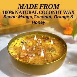 Oshun Conjuring Candle for Love, Wealth, Fertility and Marriage| Aromatherapy Tin Candle| Natural Coconut Wax Candle with Natural Clear Quartz & Citrine Crystals, Florals & Essential Oil (Large 16 oz)