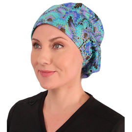 Sparkling EARTH Peacock Plumes in Many Shades of Blue Riley Medical Scrub Caps - Adjustable Cord Lock Closure - Made in USA!