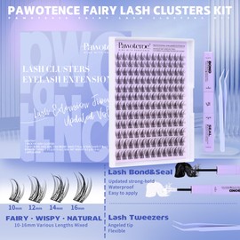 Pawotence Natural Lash Clusters Kit Eyelash Clusters 10-16mm Fairy Cluster Lashes Extension Kit Individual Lashes Cluster Wispy with Lashes Cluster Glue, Tweezers for Cluster Eyelash Extensions Kit