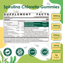 Organic Spirulina Chlorella Gummies, Nutrient-Dense Superfood Rich in Vegan Protein, Super Greens & Chlorophyll + Vitamin C & D3, Zinc, B12 for Natural Energy, Powerful Antioxidants, Sugar Free,60 Cts