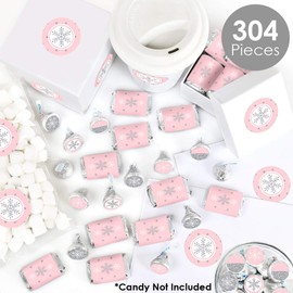 Big Dot of Happiness Pink Winter Wonderland - Mini Candy Bar Wrappers, Round Candy Stickers and Circle Stickers - Holiday Snowflake Birthday Party and Baby Shower Candy Favor Sticker Kit - 304 Pieces
