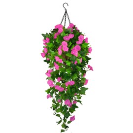 Artificial Fake Hanging Flowers Plants Basket for Spring Outdoor Outside Decoration, UV Resistant Faux Plastic Fabric Flower Morning Glory Wisteria Petunia for Garden Porch Patio Balcony Yard Decor