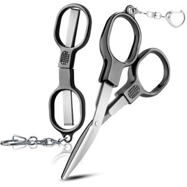 2 Pcs Folding Stainless Steel Portable Mini Travel Scissors, Safety Foldable Pocket Badge Small Scissors All Purpose with 2 Keychain for Travel, Office, Craft, Sewing, Nurse Accessories (Gray Black)