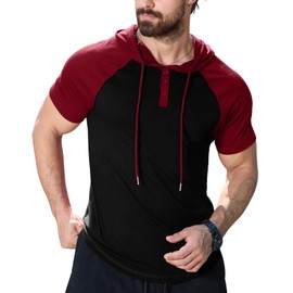 KUYIGO Mens Short Sleeve Hoodies Casual Athletic Workout Fashion Pullover Hooded Sweatshirt with Drawstring Black/WineRed X-Large size