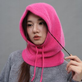[Global] Double-sided Knit Balaclava for Autumn and Winter - Solid Color Rabbit Fur Scarf One-Piece lf1467 Free Size/Free Size All-Match Black 4ea
