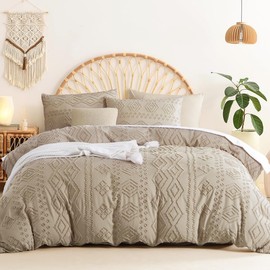 Sedefen Boho Bed Linen 135 x 200 cm Khaki Tufted Geometric Pattern Reversible Bedding Set Embroidery Shabby Chic Bohemian Duvet Cover with Zip and 1 Pillowcase 80 x 80 cm