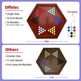 Offelec 14 inches Wooden Chinese Checkers Set, 60+12 Colorful Glass Marbles in 6 Colors, Classic Strategy Games for Adults Kids and Seniors, Fun for Whole Family Board Game (Up to 6 Players)
