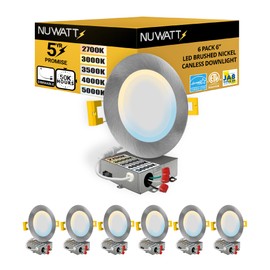 NUWATT 6 Pack 6 Inch Ultra-Thin Nickel LED Recessed Lighting, 5CCT 2700K/3000K/3500K/4000K/5000K Selectable, High Brightness 1050 Lumens, Dimmable Canless Slim Wafer Light, IC Rated, Metal J-Box, ETL