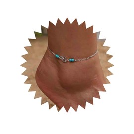 TseenYi Boho Turquoise Chain Anklet Bracelet Vintage Turquoise Chain Anklet Silver Leaf Beads Ankle Chain Turquoise Anklet Summer Beach Jewellery for Women and Girls, Silver Metal