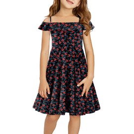 Yoklass Girl's Dresses Floral Print Short Sleeve Off Shoulder Loose Fit Ruffle Hem Midi Dress, 8-9 Years