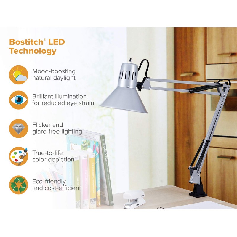 Bostitch Office VLF100-SLV Swing Arm Desk Lamp with Clamp Mount,