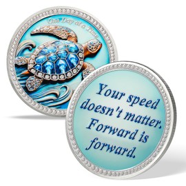 Inspirational Challenge Coin One Day at a Time Motivational Design with Quote (Blue Crystal Turtle)