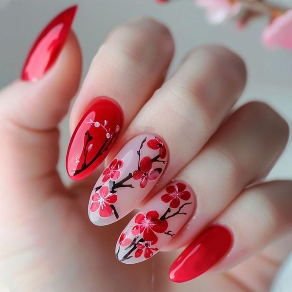 24PCS Red Flower Press on Nails Medium Almond Fake Nails