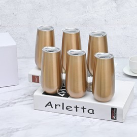 6 Pack Champagne Insulated Tumblers, Stemless Champagne Tumbler 6 Oz, Champagne Flutes Wine Tumbler, Unbreakable Cocktail Cups with Lid, Gift for Family Friends Christmas Birthday Wedding (Gold)