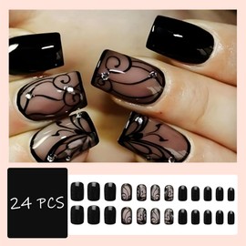 24Pcs Black Press on Nails Short Square Fake Nails Black Vine Flower False Nails Full Cover Glossy Nails Press on Short Stick on Nails Summer Artificial Nails for Women Girls DIY Manicure Decor
