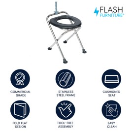 Flash Furniture Hercules Folding Travel Toilet with Tissue Holder, Cushioned Vinyl Seat, Rust Resistant Stainless Steel Frame with Non-Slip Rubber Feet, Portable Camping Toilet, Black