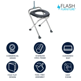 Flash Furniture Hercules Folding Travel Toilet with Tissue Holder, Cushioned Vinyl Seat, Rust Resistant Stainless Steel Frame with Non-Slip Rubber Feet, Portable Camping Toilet, Black