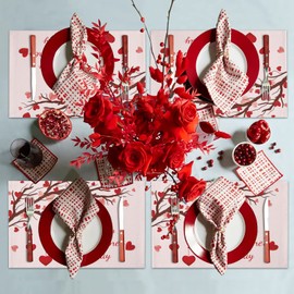 Valentines Day Placemats Set of 6 Happy Valentine's Day Tablemats for Dinner Table Love Heart Tree Branch Valentines Table Mats Non-Slip Washable Heat Resistant
