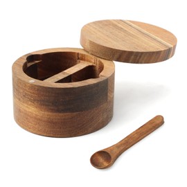 Restynic Wood Salt & Pepper Bowl with Magnetic Swivel Lid - Built-in Spoon, Natural Wood Grain, for Kitchen Spice Storage or Gifting(COLOR:Two Compartment)