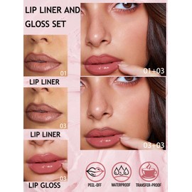 Peel Off Tattoo Lip Liner Stain Lip Gloss Combo Sets, 2 Colors Rose Pink Brown Matte Lip Liner and Nourishing Lip Gloss Tint Stain Kit, Long Lasting Waterproof Non Sticky Liquid Lipstick Makeup-Set 03