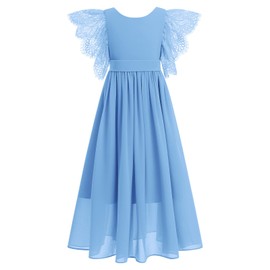 Girls Dress for Wedding, Flower Girl's Dress Prom Party Bridesmaid Dress Long Ruffle Chiffon A-Line Lace Boho Flowy Birthday Princess Communion Pleated Evening Gowns Dusty Blue - Lace 15-16 Years