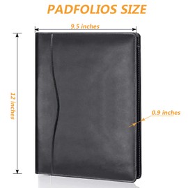 Leather Portfolio Folder Padfolio, Business Padfolio Organizer Document Planner Portfolio Binder Storage Pocket for Legal Pad Holder Paperwork Phone Men Women (Black)