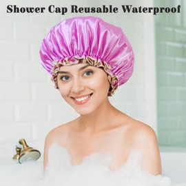 choshion Shower Cap Reusable Waterproof, Large Shower Cap for Women, Shower Caps for Braids Long Hair, Double Layer Satin Plastic Hair Cap for Shower