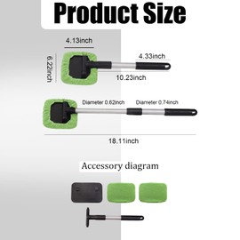 Smeyta Car Glass Cleaner Wiper,Car Windshield Cleaning Tool, Microfiber Car Window Cleaner with Extendable Handle,Auto Glass Wiper Kit(Green Square)