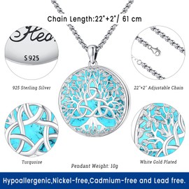 Photo Locket Necklace for Women Men - 925 Sterling Silver Pendant Celtic Knot Tree of Life Locket that Hold 2 Pictures Round Turquoise Memorial Jewelry - Gifts for Daily Wear, Birthday, Anniversary