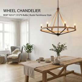 PAPAYA Farmhouse Wagon Wheel Chandelier, 28 Inch 6-Light Rustic Pendant Light, Black Wood Grain Ceiling Light Fixture for Dining Room Kitchen Island Living Room Foyer