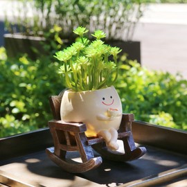 MUZZIOU Smiley Face Planters for Indoor Plants, Cute Head Resin Rocking Chair Plant Pots, Funny Small Pots for Plants with Drainage Hole for Home Decor (Drinking Coffee)