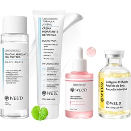 Skincare Coreano 4 En 1 Kit, con 1 Crema Hidratante Centella Niacinamida + 1 Tonico Hidratante AHA y BHA + 1 Serum Facial Salmon DNA PDRN + 1 Serum Péptidos Múltiples Colágenos