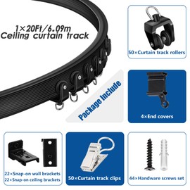TOKPLNU Ceiling Curtain Track Curved Curtain Rail Wall Mount Flexible Bendable Curtain Track 20 Ft Black Sliding Track System Set for Bay Window, Room Divider