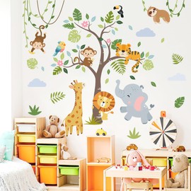 Runtoo Jungle Animals Wall Decals Forest Animal Monkey Tree Wall Art Stickers Kids Bedroom Baby Nursery Birthday Party Decorations Classroom Decor