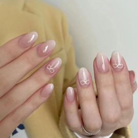 French Tip False Nails - 24Pcs Short Almond Press on Nails - Nude Gradient False Nails Almond Pattern with Bowknot - Full Cover Short Fake nails Cute nails for Women Girls