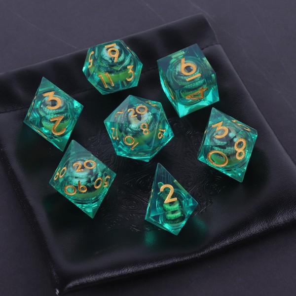 DND Rotating Eye Dice Set, 7CS Green Polyhedral Dice with The Eye of Dragon Contains D20, Dice Set DND Accessories Starter Set From Zero to Master DND Gift