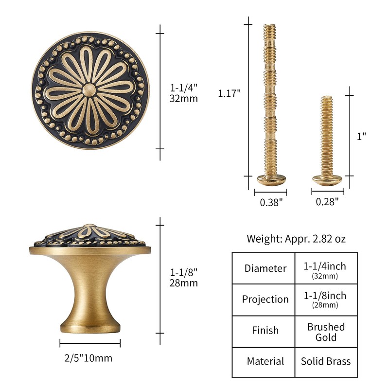 FLIRABBIT Black and Brushed-Gold Cabinet-Knobs - 5 Pack Flower Brass