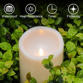 DRomance Outdoor Waterproof Flameless Candles Battery Operated with Remote Timer White Plastic Warm Light Flickering LED Pillar Candles Home Dinner Garden Holiday Decor(2 Pack, 4" D x 8", 10" H)
