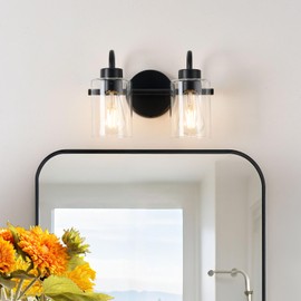 AURYNIX 2-Light Black Bathroom Light Fixtures with Clear Glass Shade, Modern Wall Sconces, Vanity Lights for Bathroom, Mirror, Powder Room, Living Room