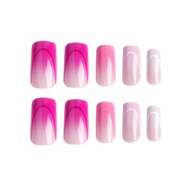BABALAL Square Press on Nails Medium Fake Nails Purple Pink French Tip Glue on Nails 24Pcs Glossy Squoval Acrylic Nails Artificial Nails for Women and Girls