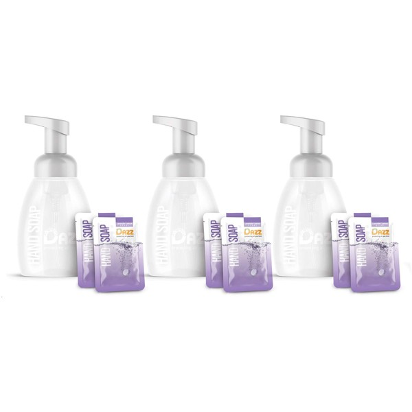 DAZZ Foaming Hand Soap Whole House Starter Kit (3 Reusable Foaming Bottle Dispensers, 6 Tablet Packets) Eco Friendly Liquid Hand Wash, Naturally Safe & Non Toxic, Rich Lather, Lavender Lemon Scent